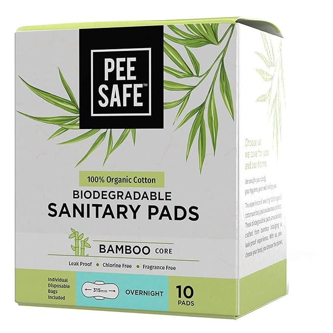 Pee Safe 100% Organic Cotton, Biodegradable Sanitary Pads - Overnight (Pack of 10)