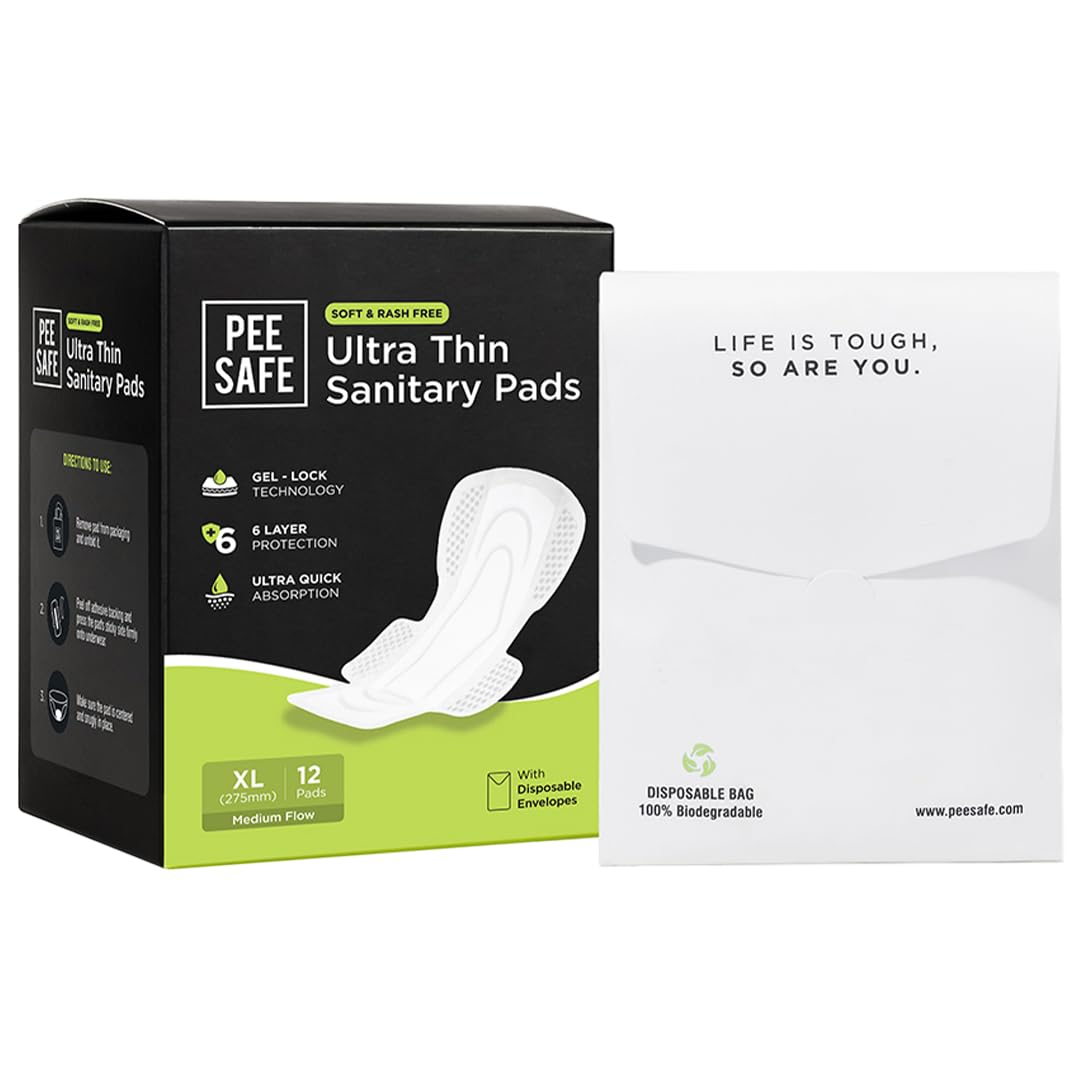 Pee Safe Ultra Thin Sanitary Pads XL For Women - Pack of 12 | For Rash Free Periods | Dual Wings |